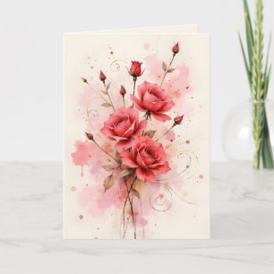 Tarjeta Rosas Rojas Acuarela Aniversario Día de San Valent