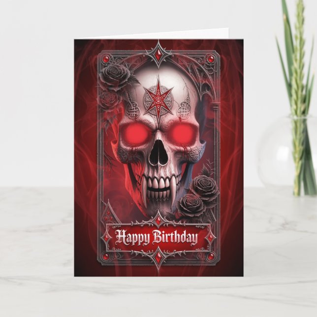 Tarjeta Rosas Rojas Góticas y Cumpleaños de Cráneo de Vamp (Anverso)