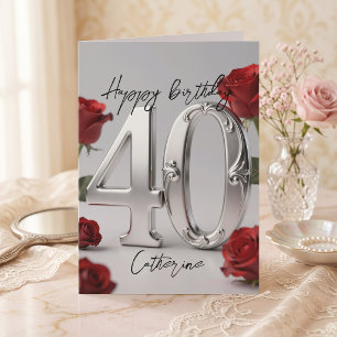 Tarjeta Rosas Rojas Plateadas Metálicas Cumpleaños 40 Aniv