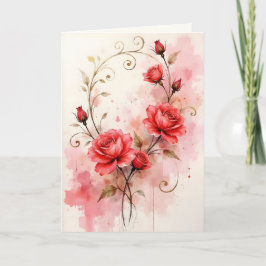 Tarjeta Rosas rojas sobre lavado de acuarela rosa aniversa