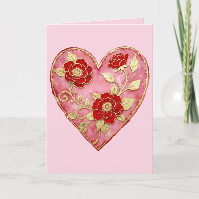 Tarjeta Rosas rojas y oro aniversario día de San Valentín (Anverso)