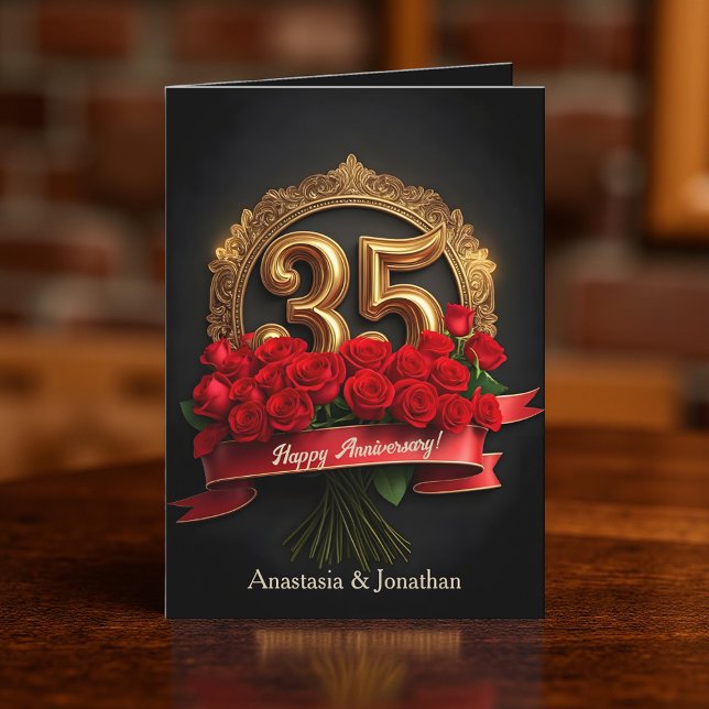 Tarjeta Rosas rojas y oro número 35 aniversario Boda (Subido por el creador)
