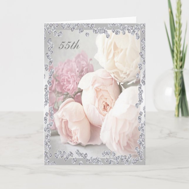 Tarjeta Rosas románticas y diamantes Cumpleaños 55 (Anverso)