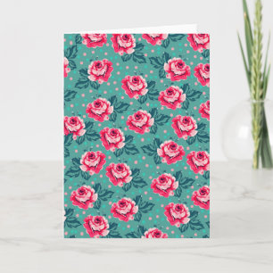 Tarjeta Rosas rosadas bonitas y patrón de lunares en azul 
