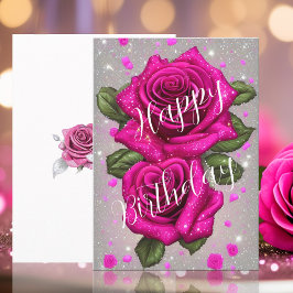 Tarjeta Rosas rosadas brillantes sobre cumpleaños gris pla
