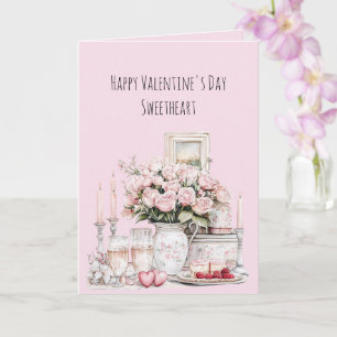 Tarjeta Rosas rosadas corazones velas amor romántico