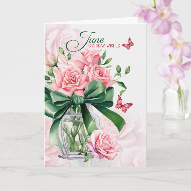Tarjeta Rosas rosadas de cumpleaños de junio con mariposas (Orquídea)
