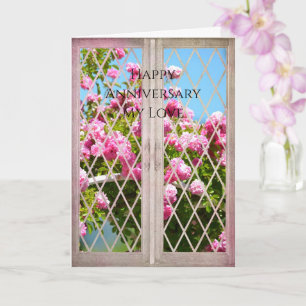 Tarjeta Rosas rosadas en el aniversario de la ventana
