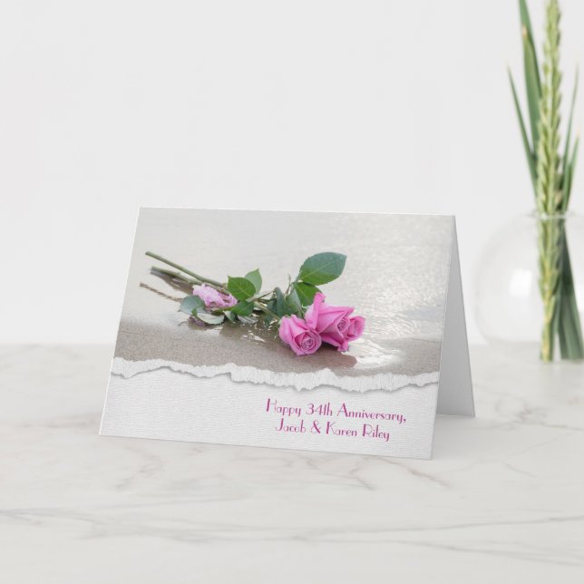 Tarjeta rosas rosadas en la playa por aniversario de bodas (Anverso)