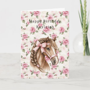 Tarjeta Rosas rosadas florales caballo bonito lazo rosa cu