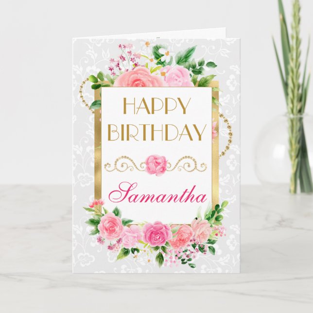 Tarjeta Rosas rosadas flores de verano cumpleaños con hoja (Anverso)