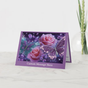 Tarjeta Rosas rosadas y mariposas con purpurina personaliz