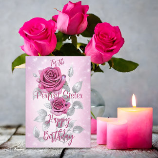 Tarjeta Rosas rosadas y plateadas Cumpleaños perfecto de h