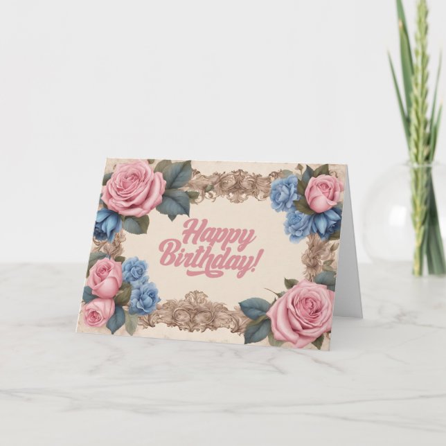 Tarjeta Rosas rosas y azules felices de cumpleaños (Anverso)