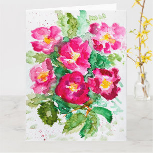 Tarjeta Rosas silvestres rosadas ramo floral acuarela