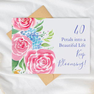 Tarjeta Rosas Sueltas Acuarela e Hydrangea Cumpleaños 40