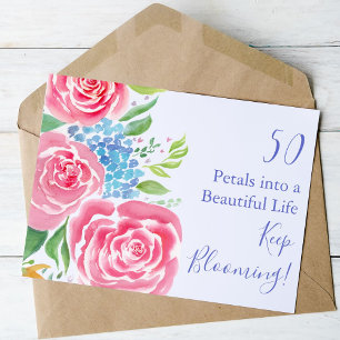 Tarjeta Rosas sueltas acuarela e Hydrangea Cumpleaños 50