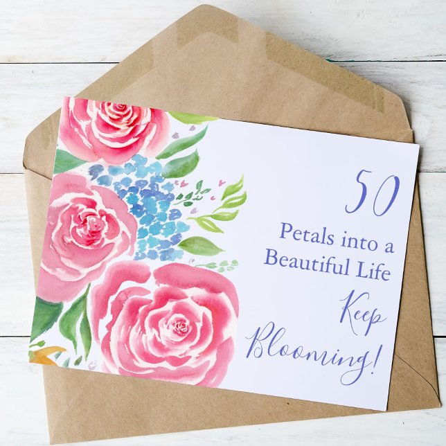 Tarjeta Rosas sueltas acuarela e Hydrangea Cumpleaños 50 (Subido por el creador)