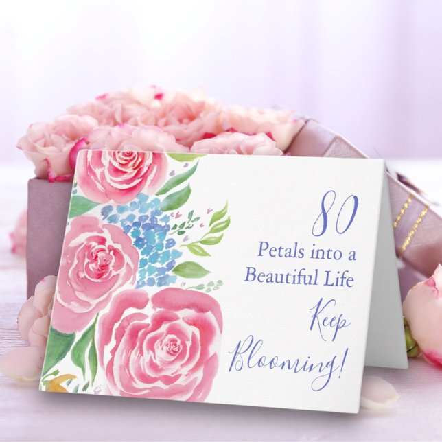Tarjeta Rosas Sueltas Acuarela e Hydrangea Cumpleaños 80 (Subido por el creador)