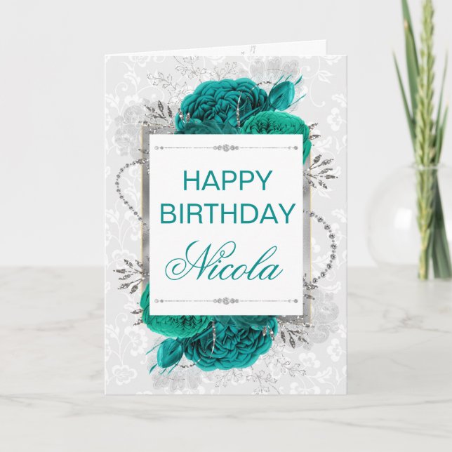 Tarjeta Rosas turquesa elegantes y cumpleaños con brillo p (Anverso)