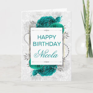 Tarjeta Rosas turquesa elegantes y cumpleaños con brillo p