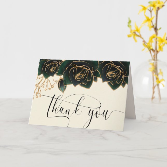 Tarjeta Rosas Watercolor Gold Green Gracias (flor amarilla)