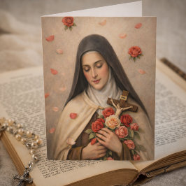 Tarjeta Rosas y Crucifijo Devocional de Santa Teresita