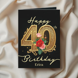 Tarjeta Rosas y filigrana dorada número 40 cumpleaños