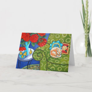 Tarjeta Rosas y gato de la fresa