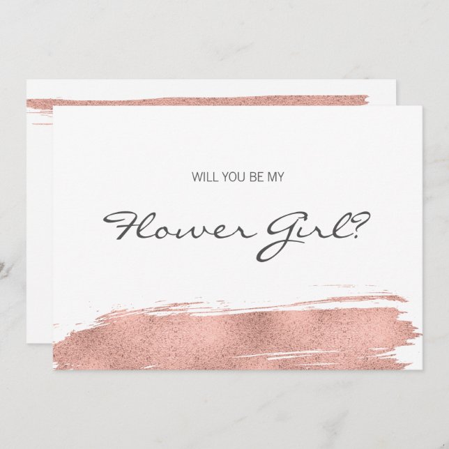 Tarjeta Rose Gold Brushstroke Be My Flower Girl (Anverso / Reverso)