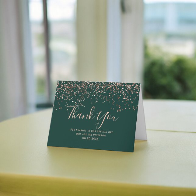 Tarjeta Rose gold confetti emerald typography thank you (Rose gold confetti emerald typography thank you card)
