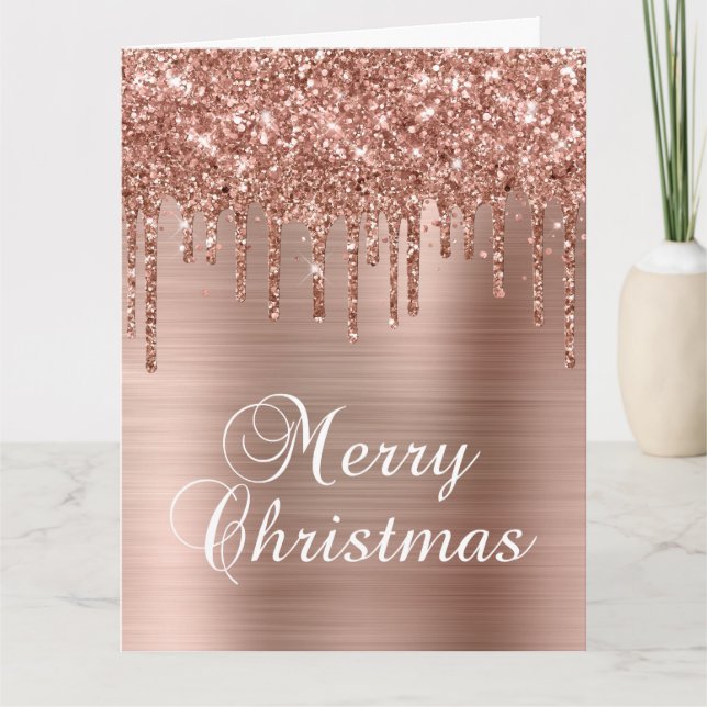 Tarjeta Rose Gold Glitter Drips Metallic Merry Christmas (Anverso)
