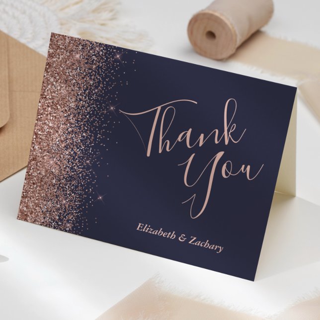 Tarjeta Rose Gold Glitter Edge Dark Blue Wedding Thank You (Subido por el creador)