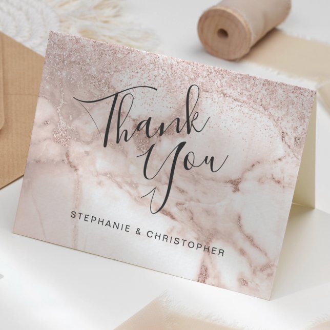Tarjeta Rose Gold Marble Glitter Ombre Wedding Thank You (Subido por el creador)