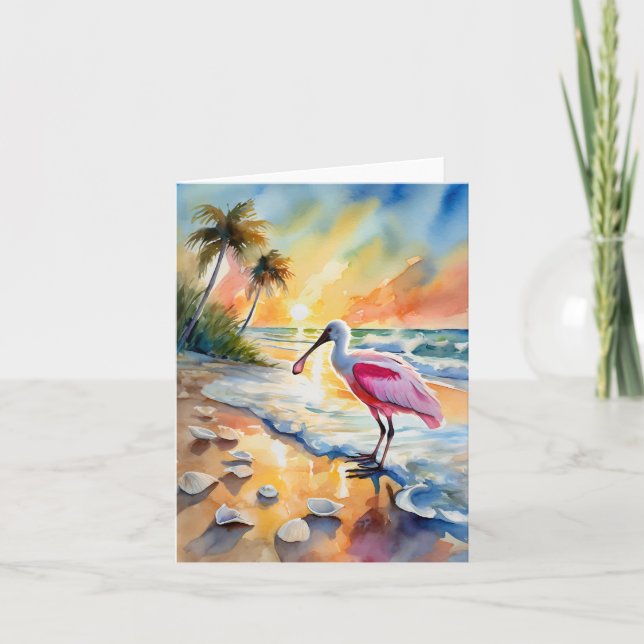 Tarjeta Roseate Spoonbill Florida Watercolor (Anverso)