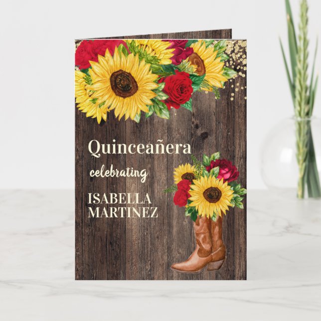 Tarjeta Roses Rojas girasoles Cowgirl Boots Quinceanera (Anverso)