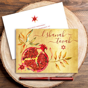 Tarjeta Rosh Hashaná Granada Roja Acuarela sobre Dorado