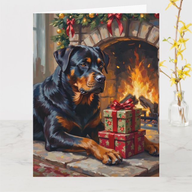 Tarjeta Rottweiler Christmas Fireplace Guardian (flor amarilla)