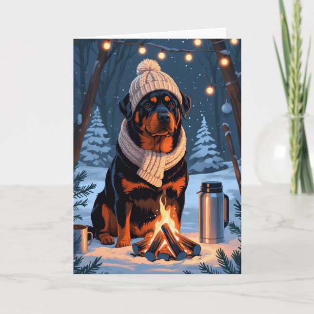Tarjeta Rottweiler de Campfire Rústico Invierno de arte (Anverso)