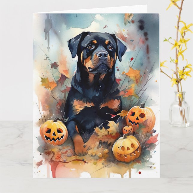 Tarjeta Rottweiler de Halloween con calabazas espeluznante (flor amarilla)