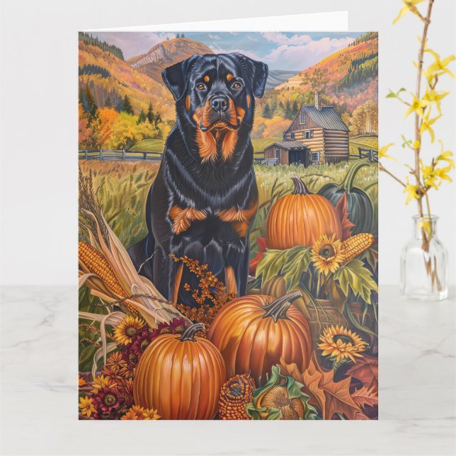 Tarjeta Rottweiler Dog Autumn Harvest Acción de Gracias (flor amarilla)