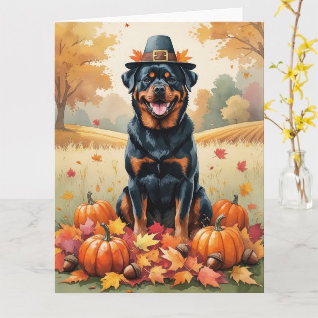 Tarjeta Rottweiler En Otoño Deja El Arte De Acción De Grac (flor amarilla)
