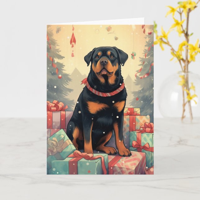Tarjeta Rottweiler Guarding Christmas Presents (flor amarilla)