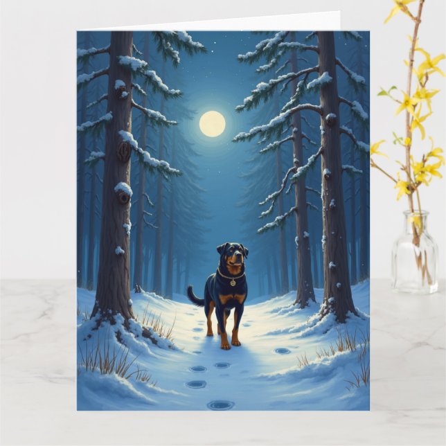 Tarjeta Rottweiler Starry Forest Hike Christmas Painting (flor amarilla)