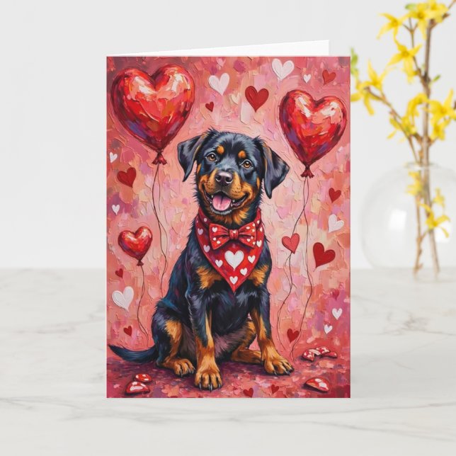 Tarjeta Rottweiler Valentine’s Day Dog with Hearts Red (flor amarilla)