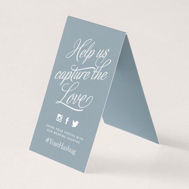 Tarjeta Rótulo de hashtag Boda personalizado Dusty Blue (Anverso)