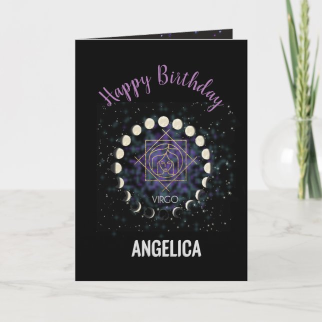 Tarjeta Rótulo y constelación Virgo Happy Birthday Gold (Anverso)