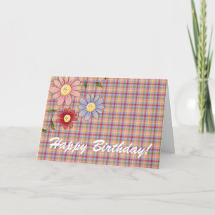 Tarjeta Rótulos De Primavera Floral Plaid Happy Birday Car