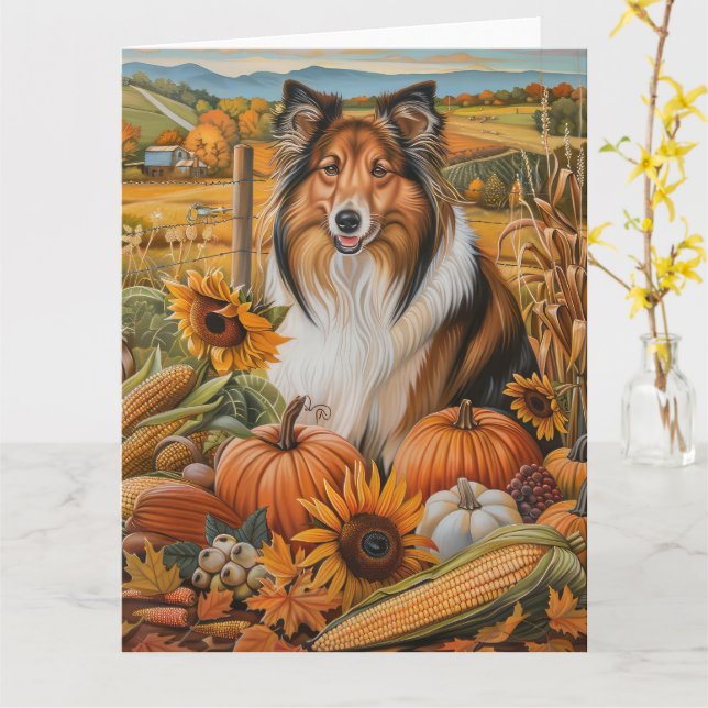 Tarjeta Rough Collie Dog Autumn Harvest Acción de Gracias (flor amarilla)