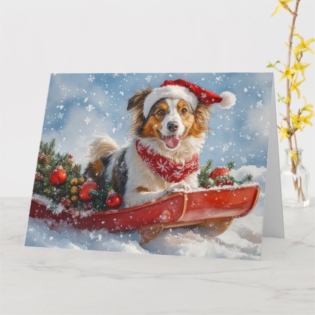 Tarjeta Rough Collie Dog in Sledge Let it Snow Navidades (flor amarilla)